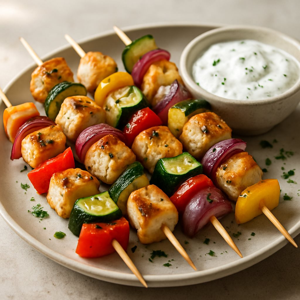 Chicken and Vegetable Skewers with Yogurt Dip