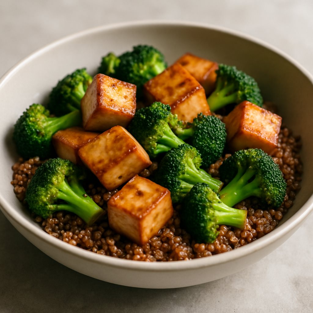 Pan-Fried Tofu with Broccoli and Quinoa